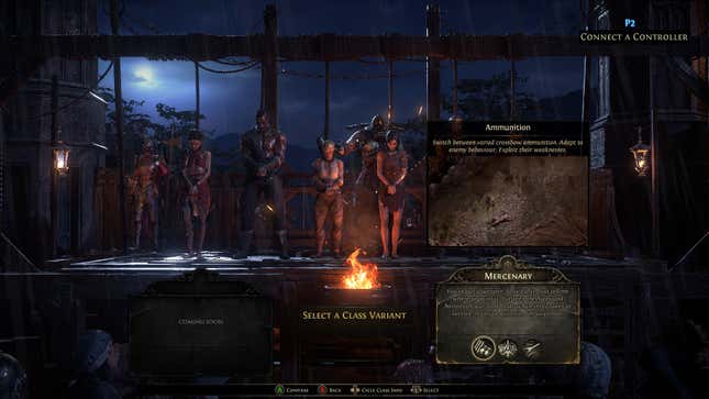 A screenshot of the class selection screen focuses on the Mercenary class.