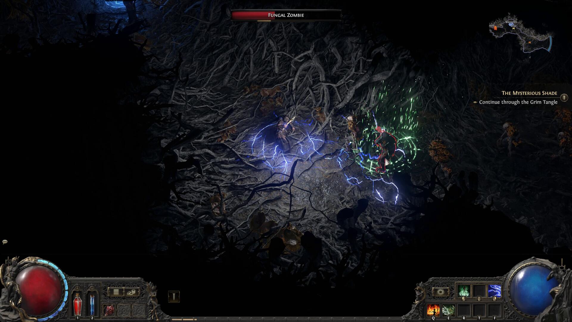 The Sorceress battles through fungal zombies in an extremely dark wood Path of Exile 2