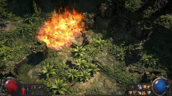 Path of Exile 2 support gems: a birds eye view of an eplosion in a jungle-like area.