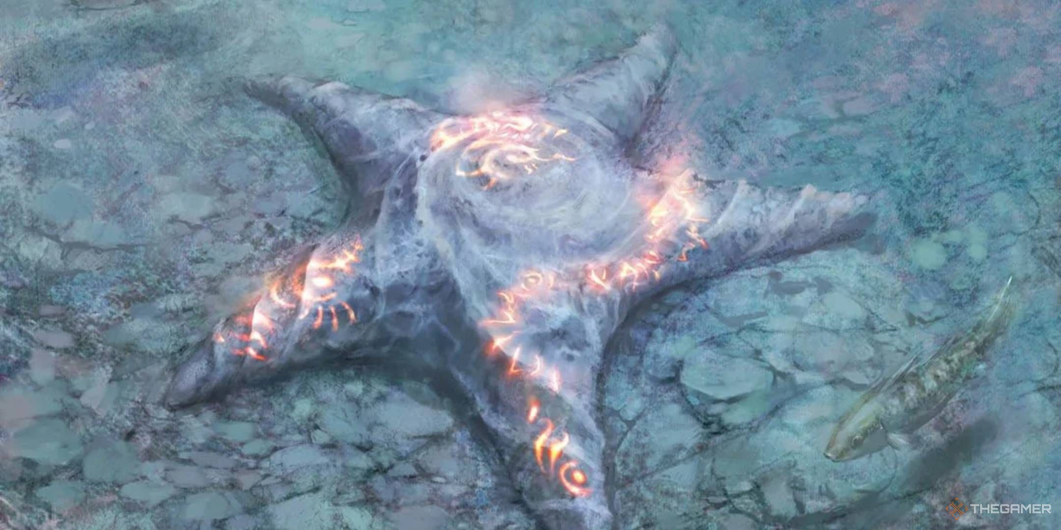 A Starfish on the ocean floor with glowing orange sigils covering its body.