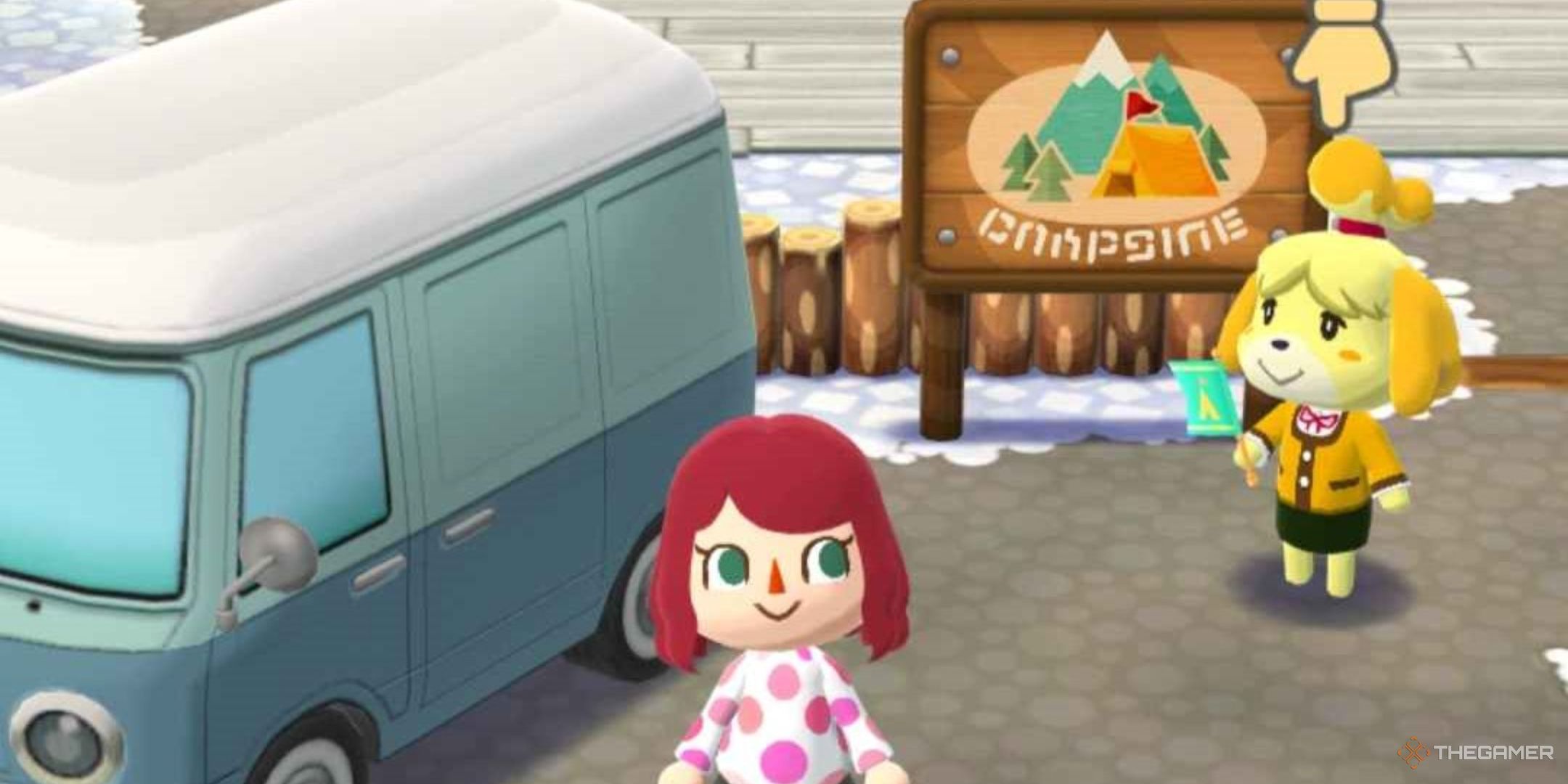 Animal Crossing: Pocket Camp Complete, the player standing next to the van and Isabella in front of the camp sign.