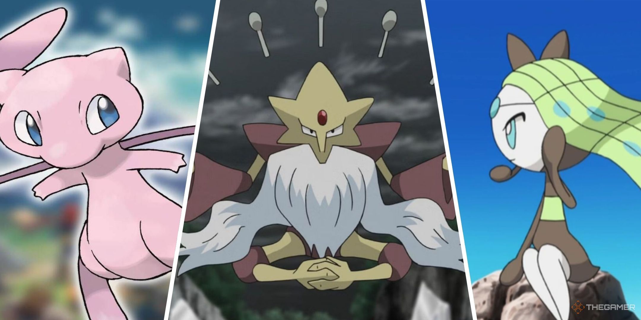 A split image of Mew, Mega Alakazam, and Meloetta in the Pokemon anime.