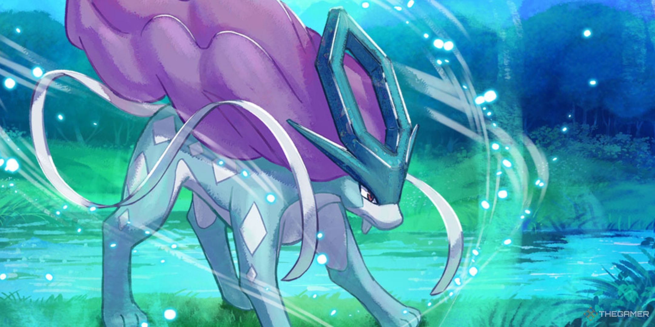 Pokemon Sleep Suicune in the Suicune Research Event promotion with wind and light swirling around them.