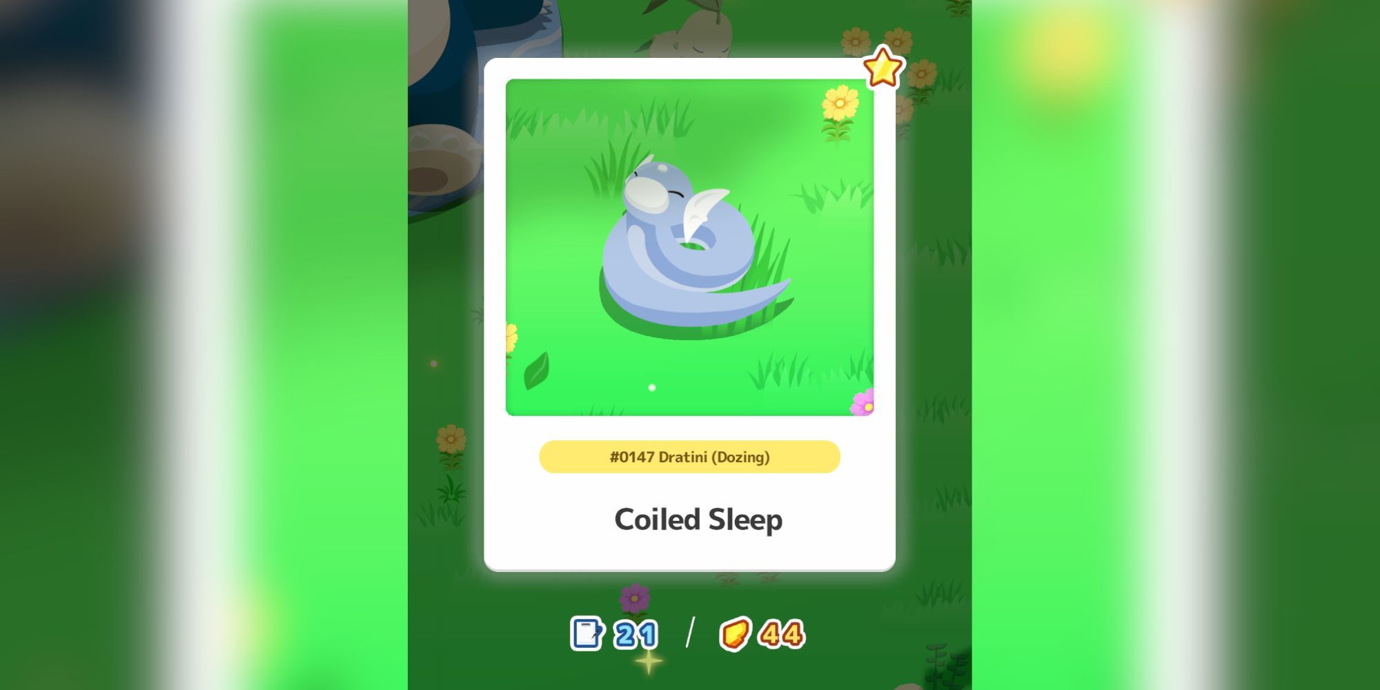 A screenshot of Pokemon Sleep showing Dratini's Coiled Sleep