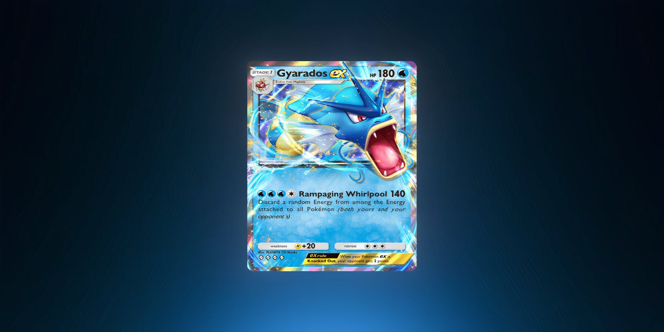 gyarados ex from pokemon tcg pocket on a blue background