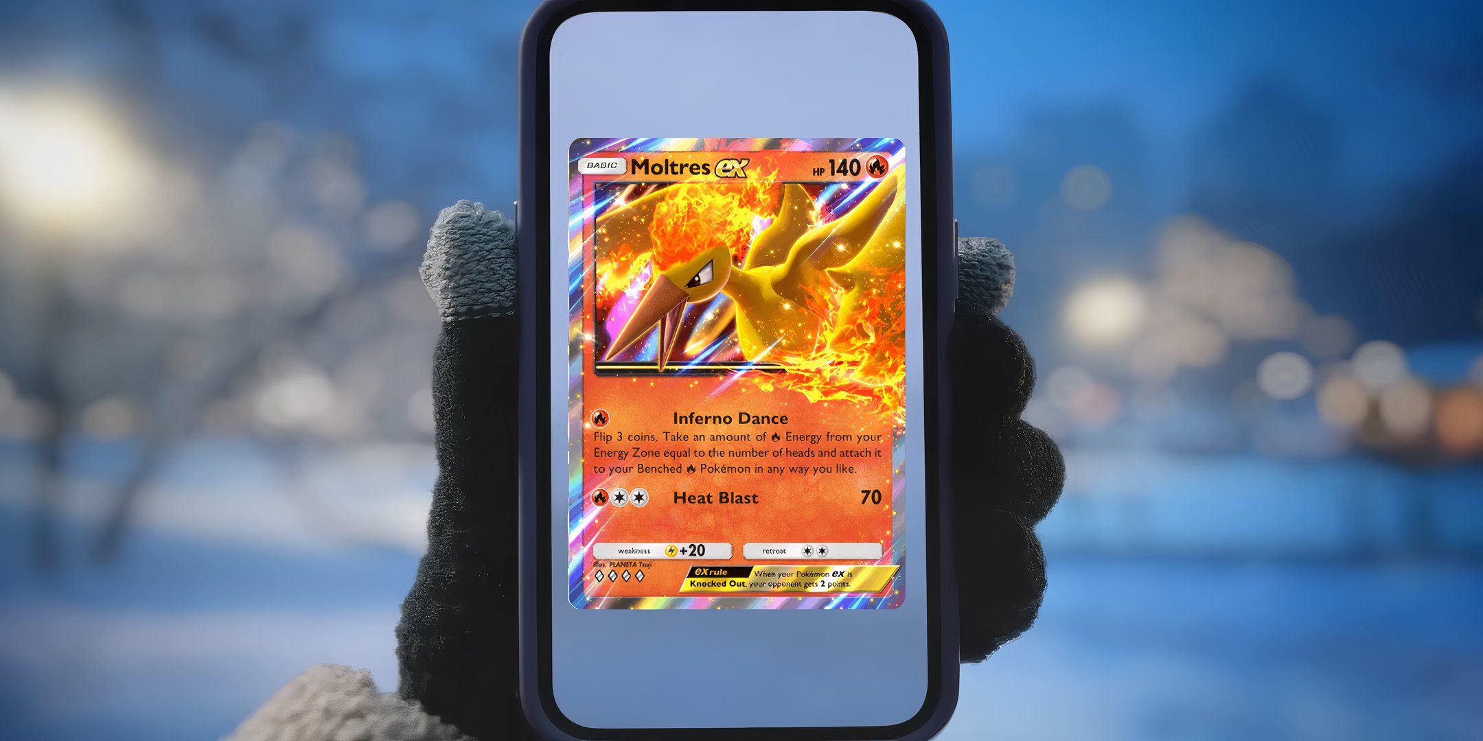 Pokémon TCG Pocket player holding phone displaying moltres card