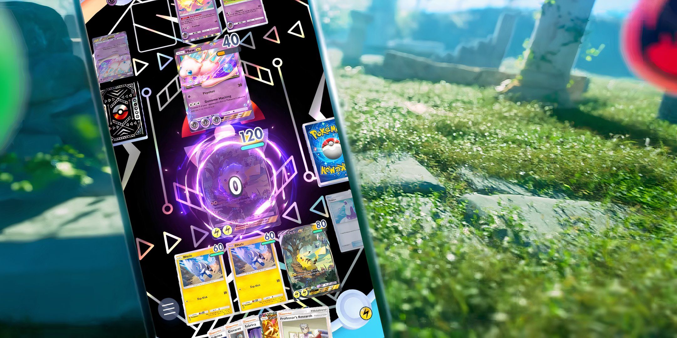 Pokemon TCG Pocket battle with mythical island background