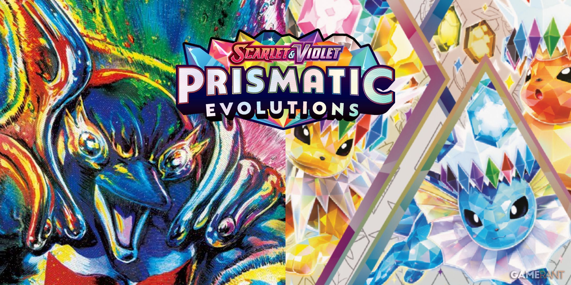 Left field of image is EX Palafin Card illustrated by Tetsuo Hara, the artist most well known for Fist of the North Star. Right field of image is the official booster pack sleeve of the upcoming Prismatic Evolutions set which releases for Pokemon TCG in January 2025