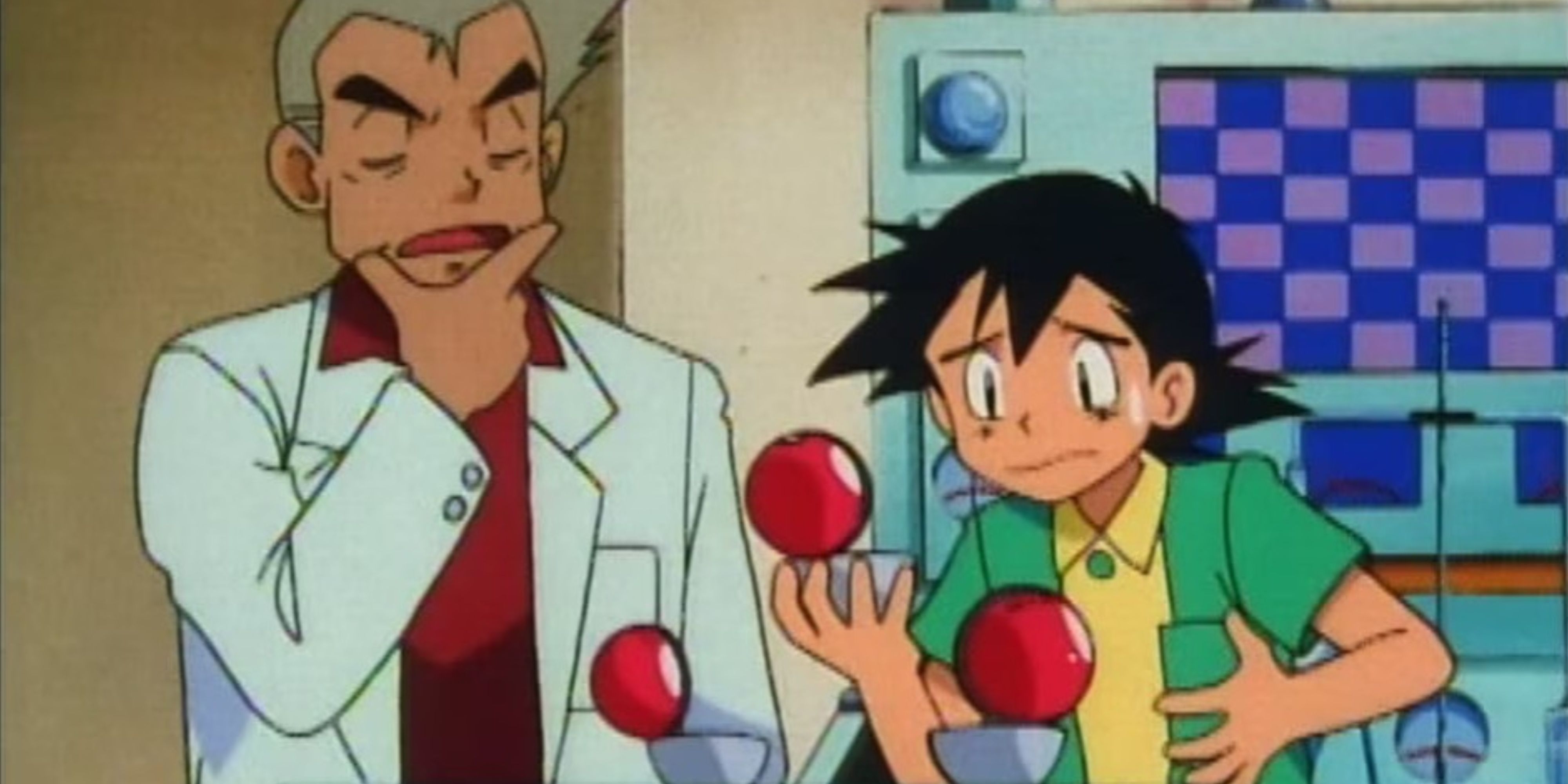 ash choosing his partner pokemon with professor oak in the anime.