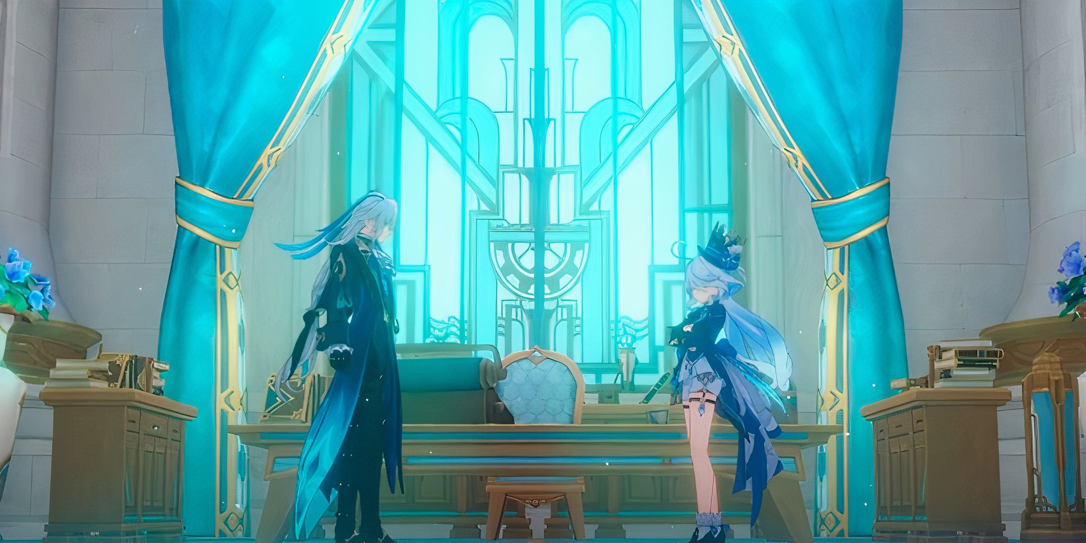 Neuvillette and Furina from Genshin Impact standing in front of each other in Neuvillette's office, arguing.