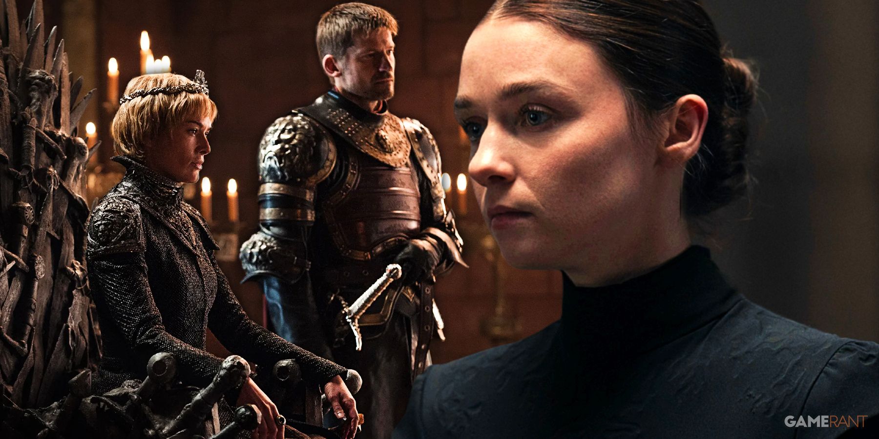 lena headey and nikolaj coster waldeau as cersei lannister and jamie lannister in game of thrones seated on throne holding sword, jessica barden as young valya harkonnen in dune prophecy