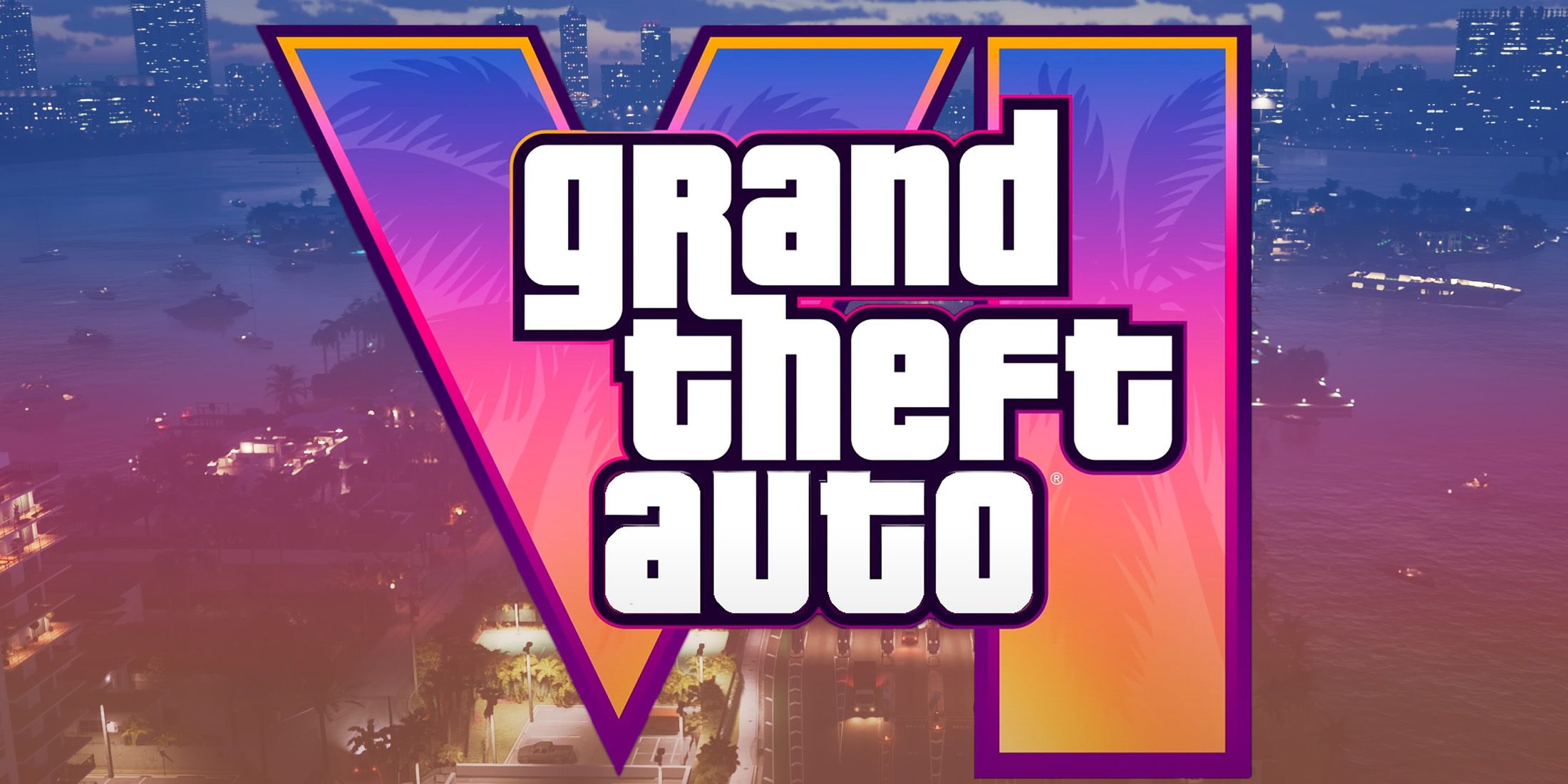 Grand Theft Auto VI GTA 6 logo over Vice City cityscape at night