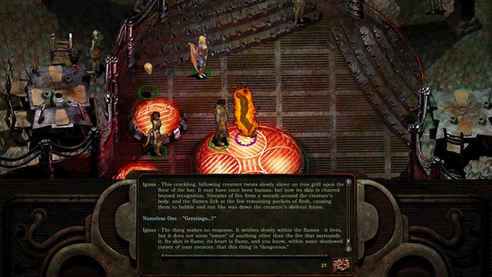 The Nameless One is talking to Ignus, a mage who’s on fire and is literally being burned over a grill, in Planescape Torment: Enhanced Edition.