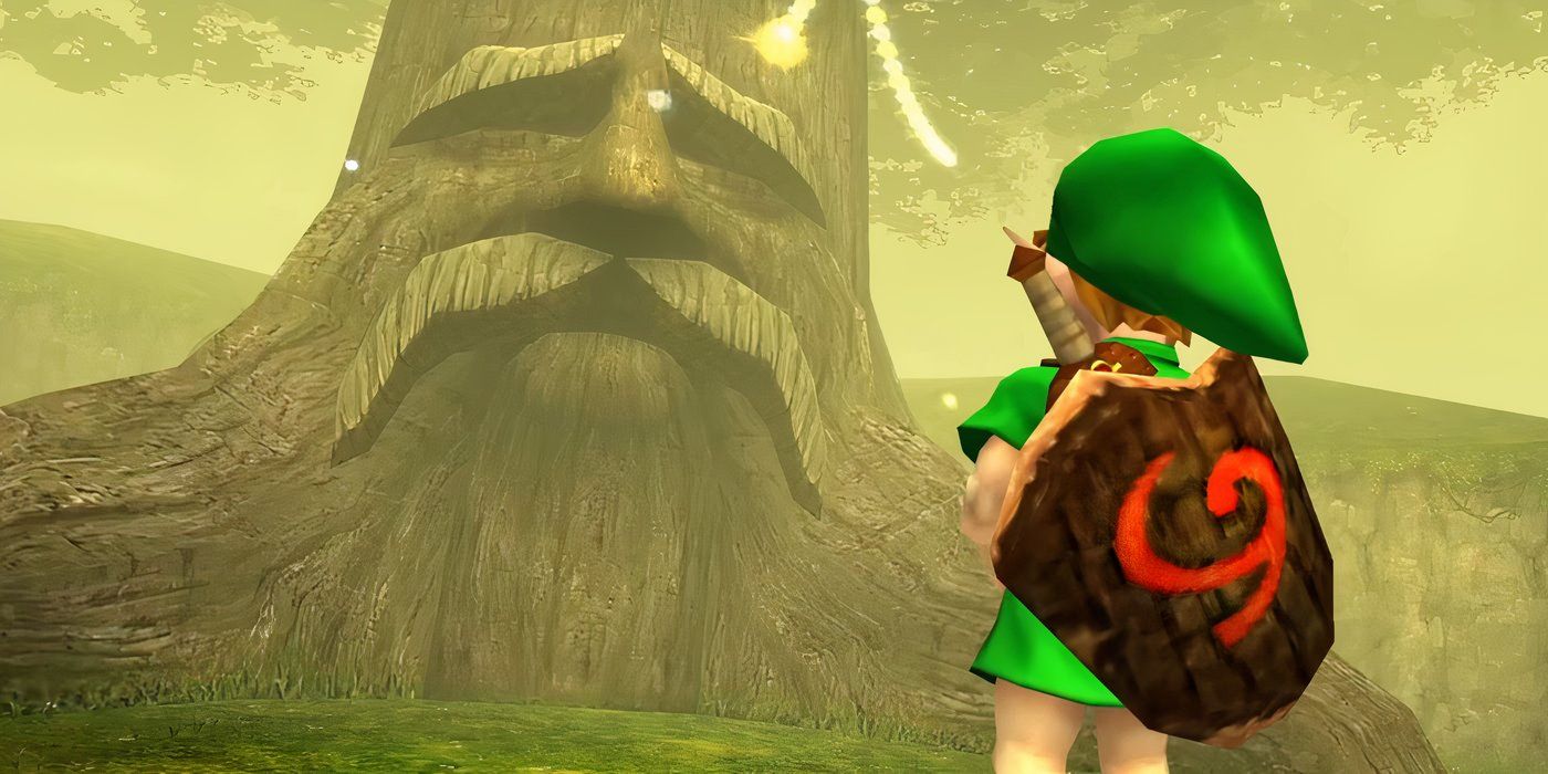 Link standing in front of the Great Deku Tree in The Legend of Zelda: Ocarina of Time.