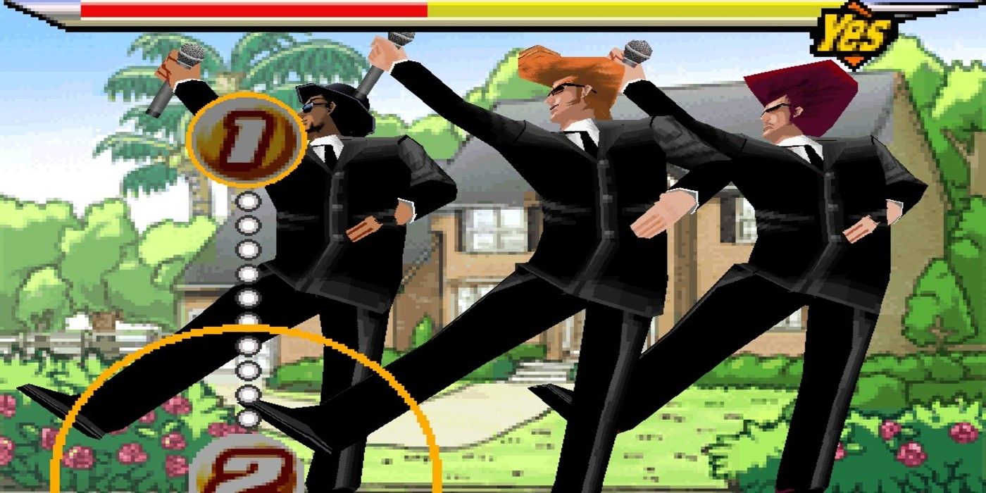 The Elite Beat Agents dance in front of a house.