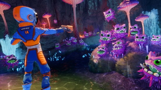 Revenge of the Savage Planet preview: the player character exploring a colorful sci-fi world.