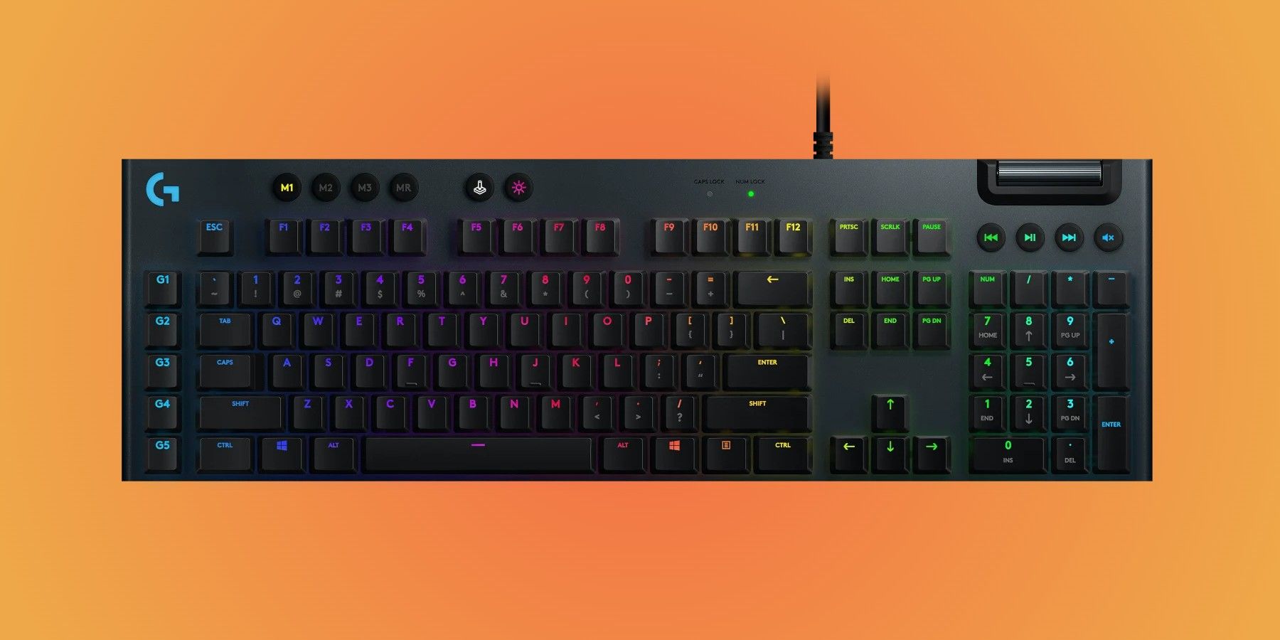 The Logitech G815 LIGHTSYNC RGB Mechanical Gaming Keyboard on an orange background.