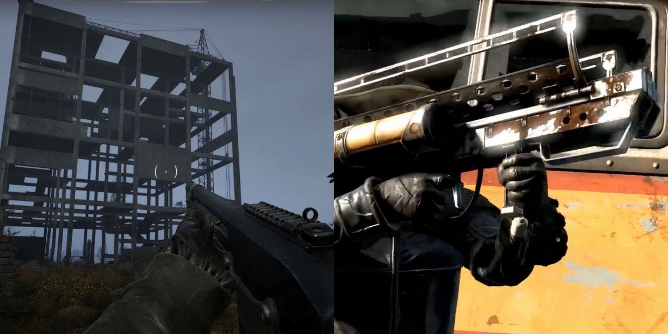 A collage from Stalker 2 with a stalker aiming a shotgun and Fallout 4 with a character aiming a nuke launcher.