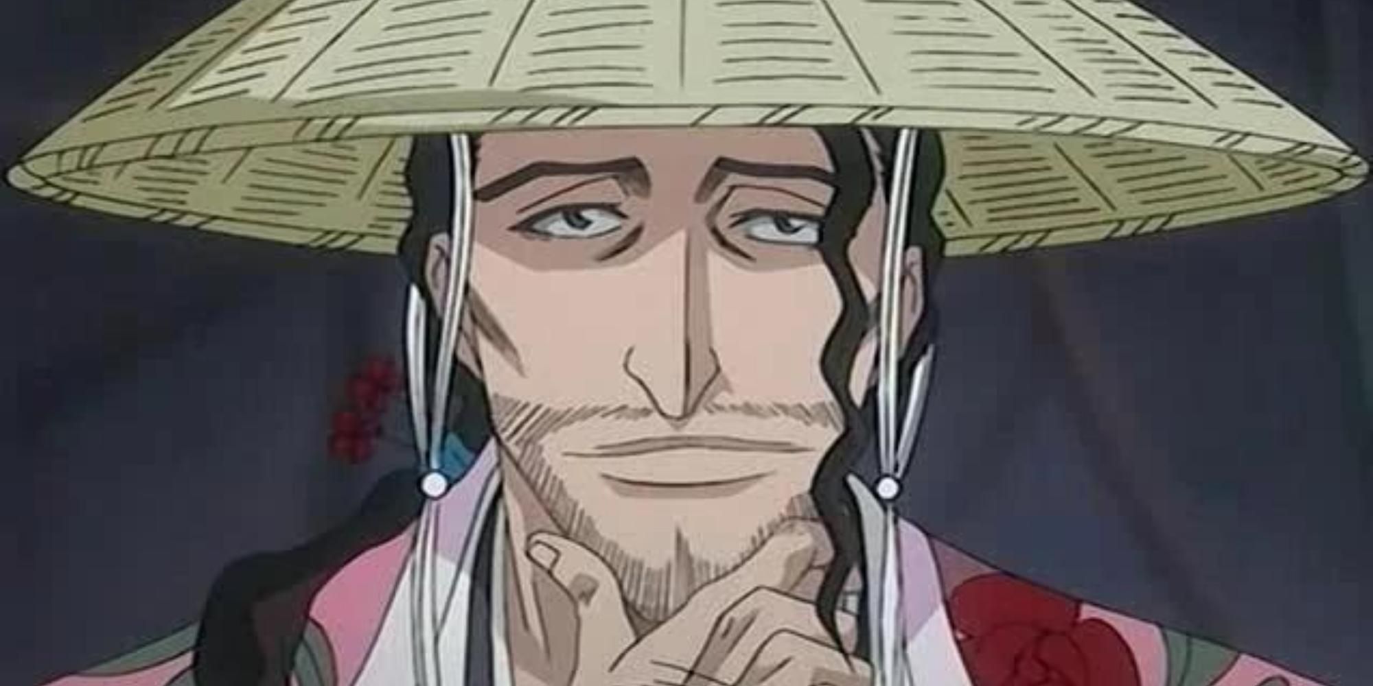 Shunsui Kyoraku is consumed by thought while speaking with Chad in Bleach.