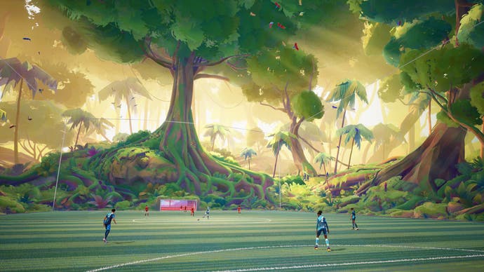 Rematch trailer screenshot showing a virtual stadium in a bright green jungle setting