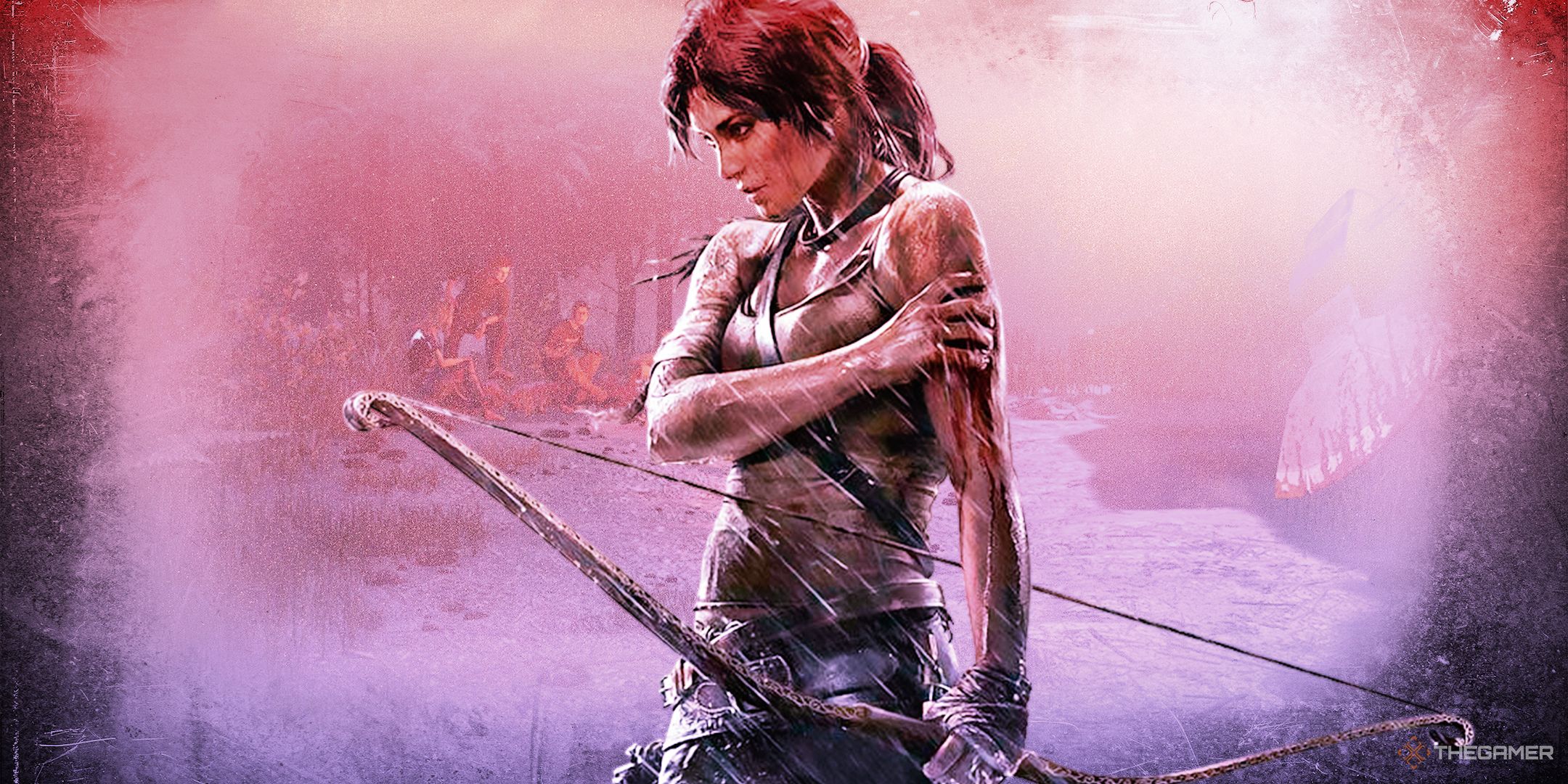 Lara Croft from Tomb Raider holding a bow over Dead by Daylight survivors at a campfire.