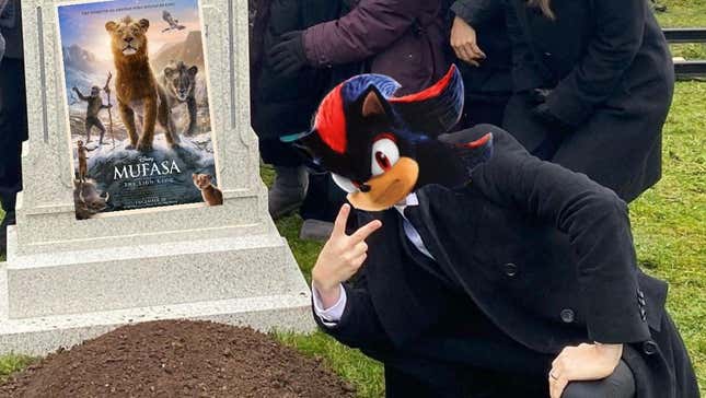 Grant Gustin doing a peace sign over a grave with Shadow the Hedgehog's head photoshopped onto him and a Mufasa poster photoshopped onto the grave.