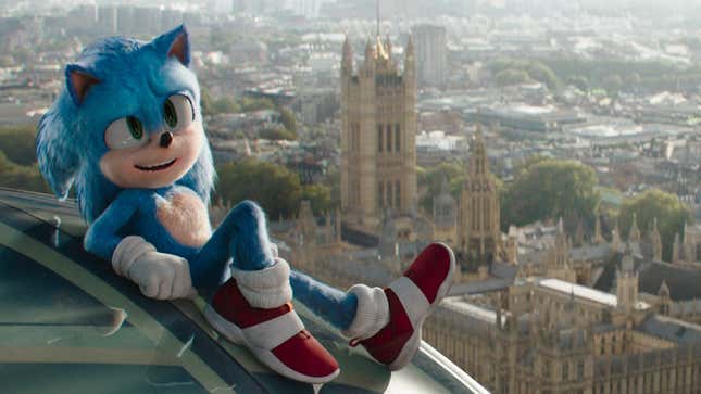 Sonic is shown laying on top of a glass fixture with London in the background.