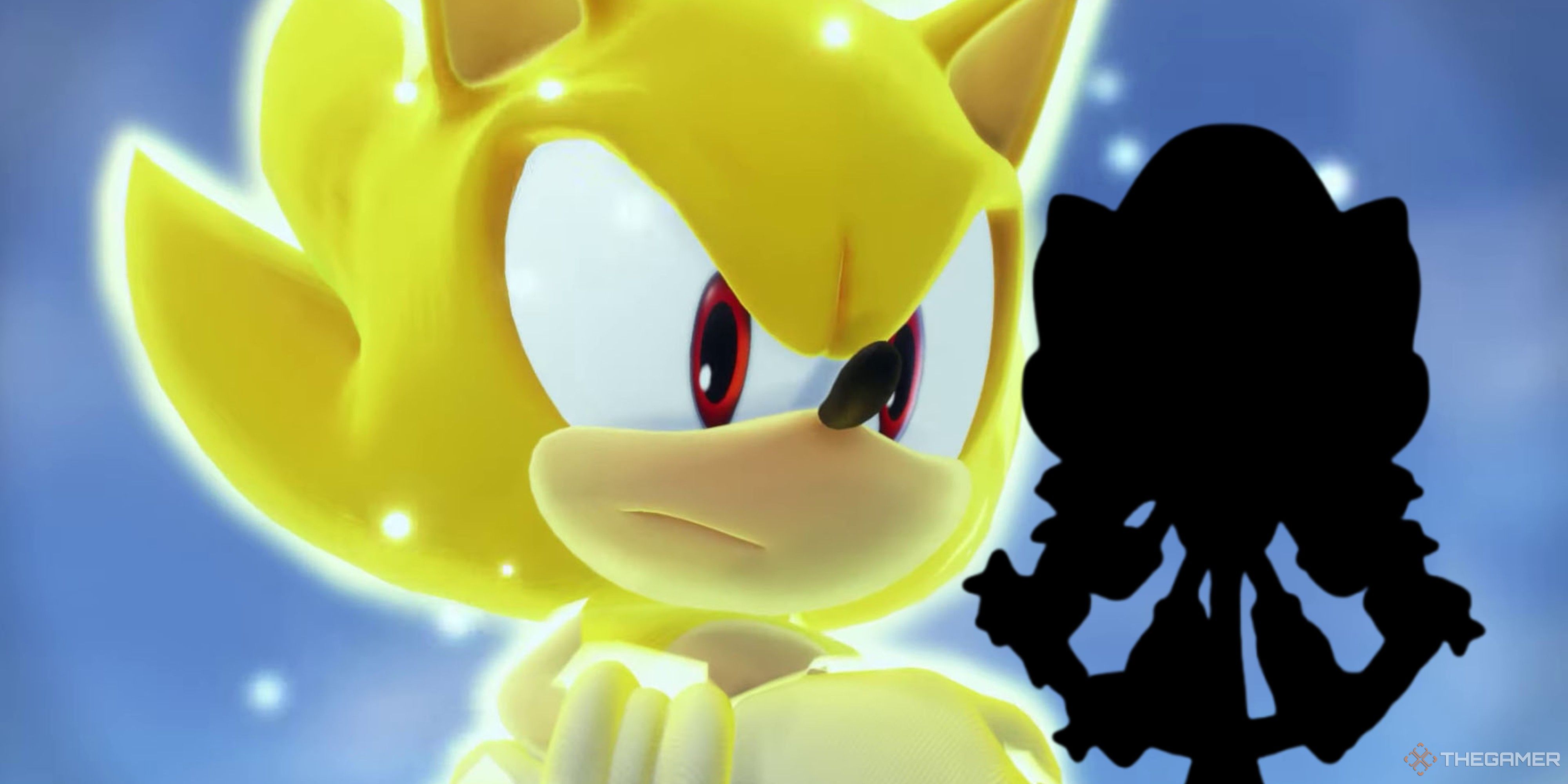 super sonic looking at a silhouette of a super sonic funko pop.