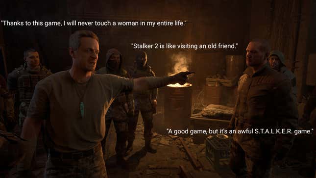 A featured image for Stalker 2: Heart of Chornobyl features quotes from Steam user reviews.