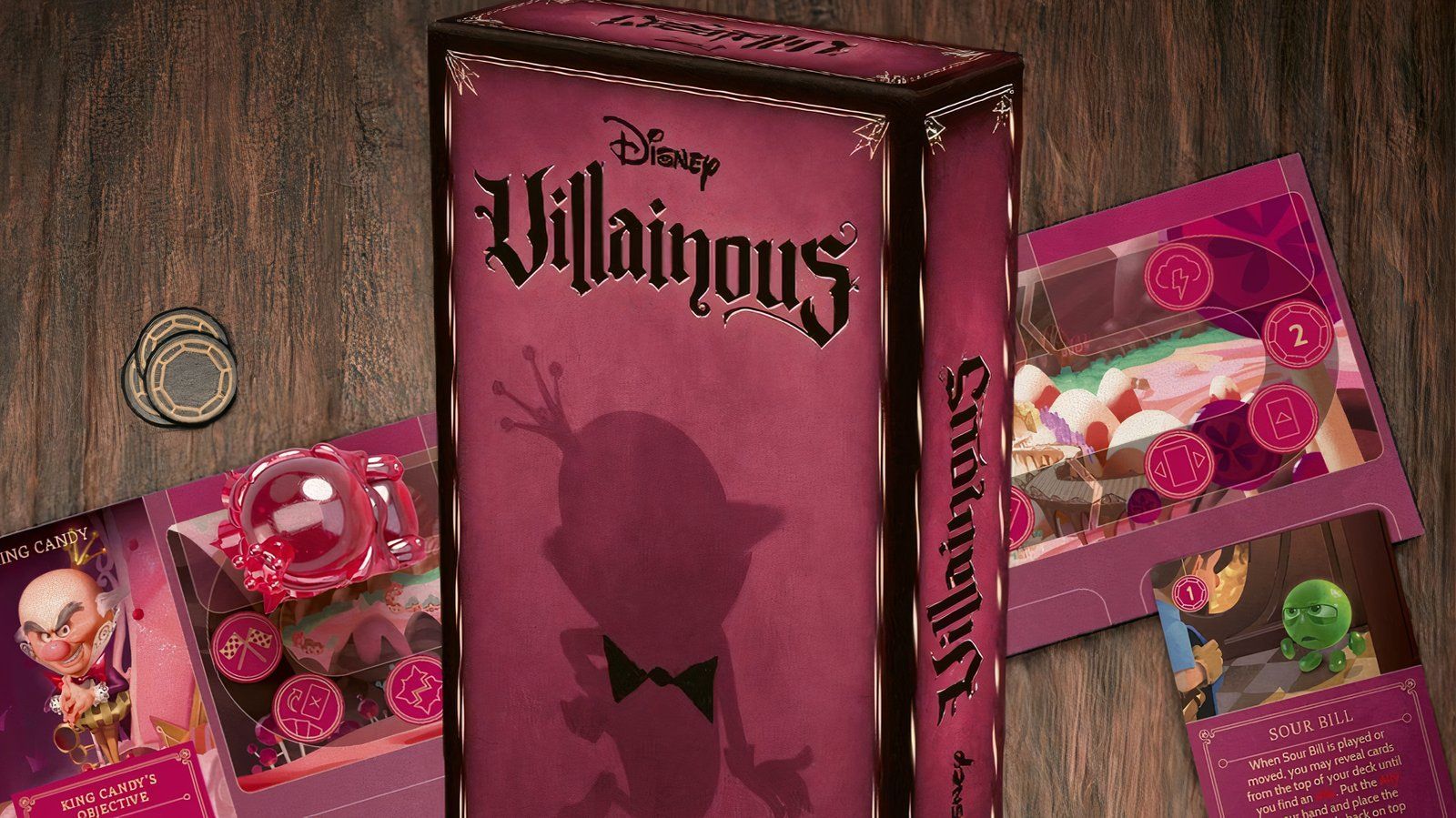 Disney Villainous: Sugar and Spite expansion with cover, playing cards, and tokens.