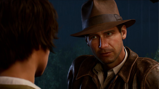 Best action adventure games: a man wearing a brown fedora talks to a woman with short brown hair.