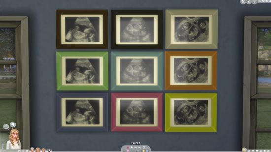 Best Sims 4 mods: a series of framed pictures on a wall, each containing an ultrasound image.