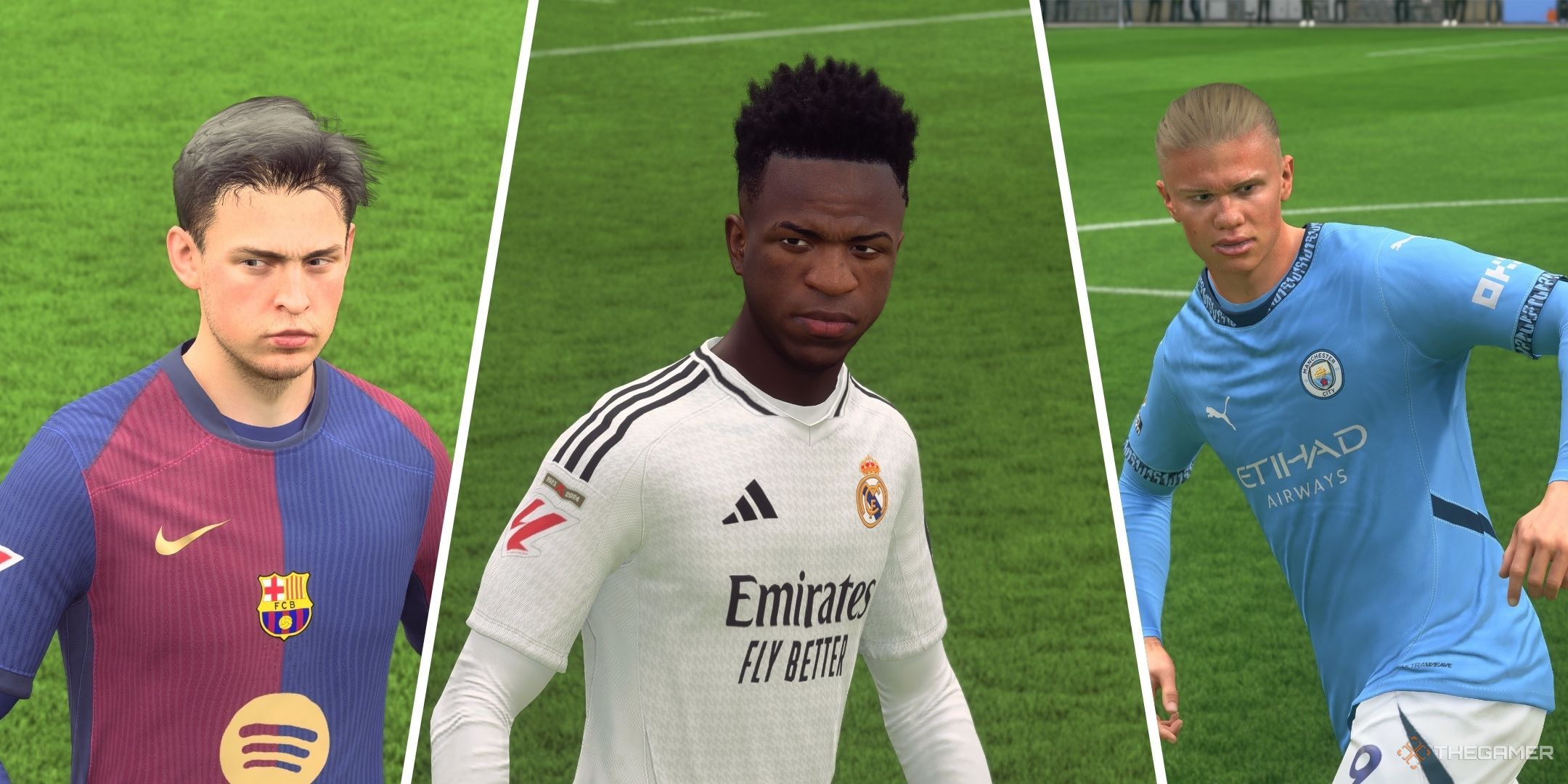 A split image of Frenkie De Jong, Vini Jr., and Erling Haaland in EA Sports FC 25.