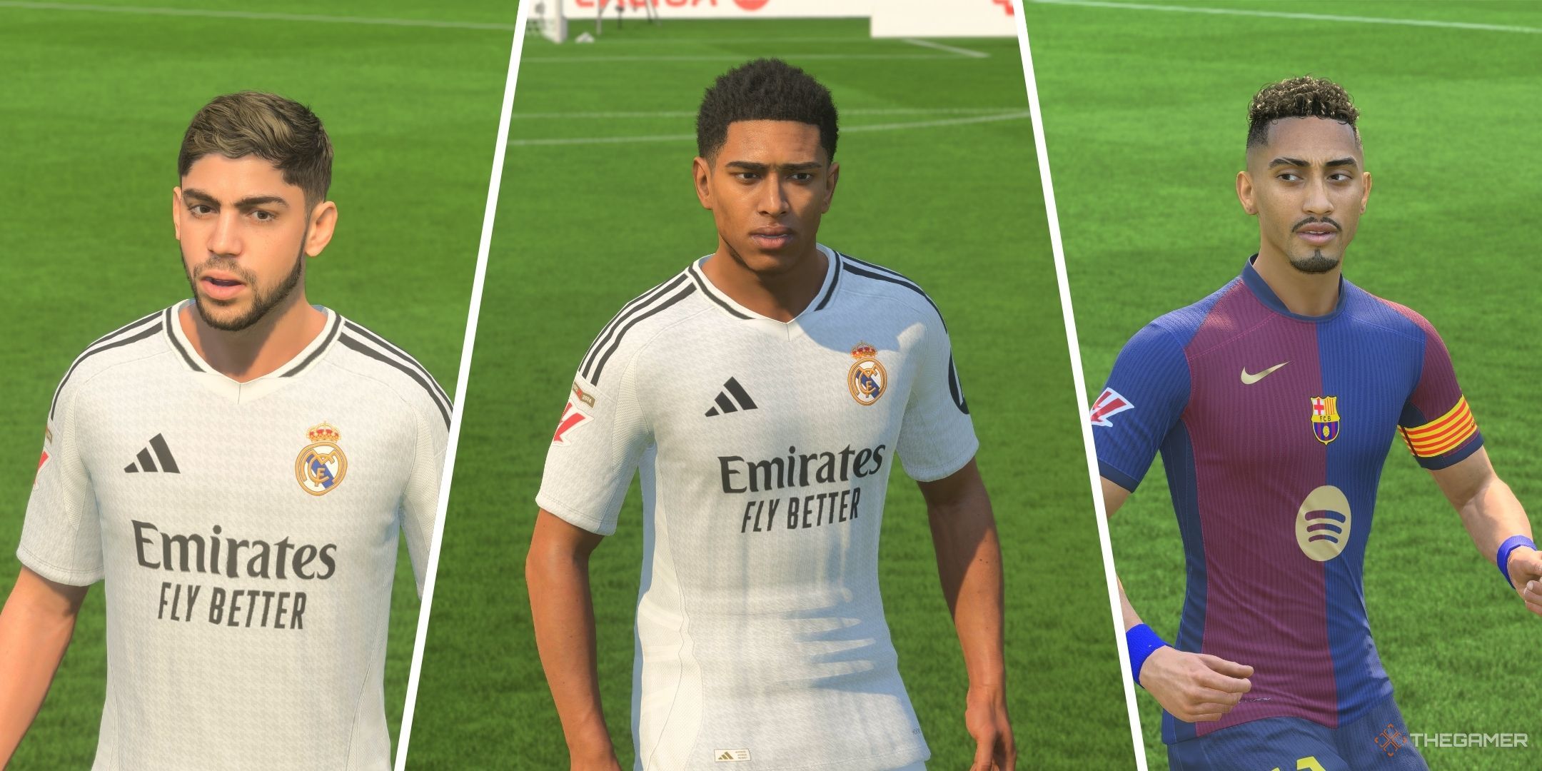 A split image of Federico Valverde, Jude Bellingham, and Raphina in EA Sports FC 25.