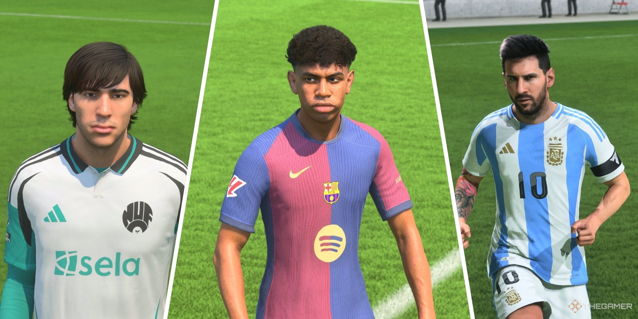 A split image of Sandro Tonali, Lamine Yamal and Lionel Messi in EA Sports FC 25.