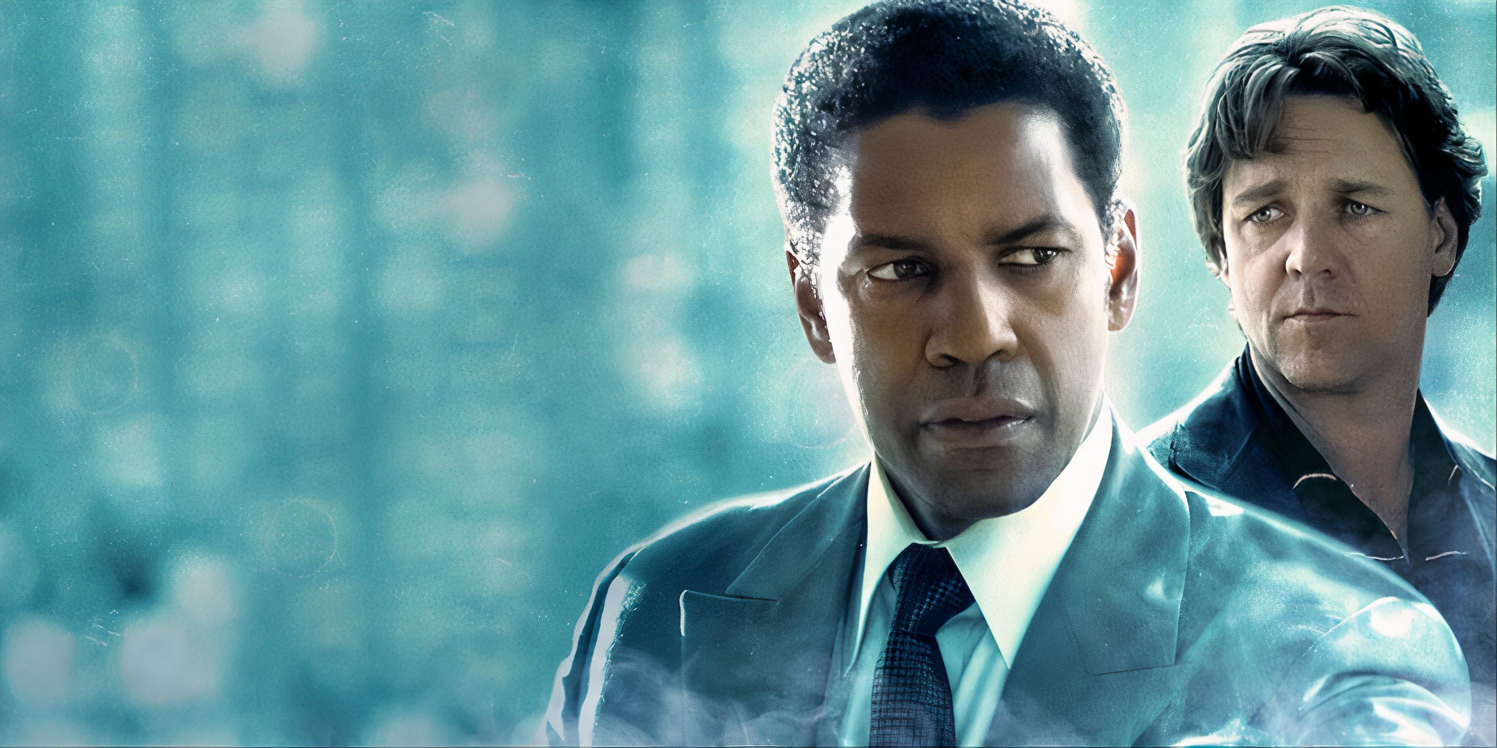 Denzel Washington and Russell Crowe as their characters on the key art of American Gangster.