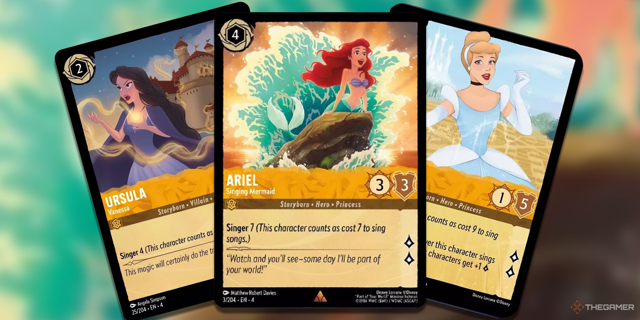 Disney Lorcana Ursula - Vanessa, Ariel - Singing Mermaid, and Cinderella - Melody Weaver cards over blurred background