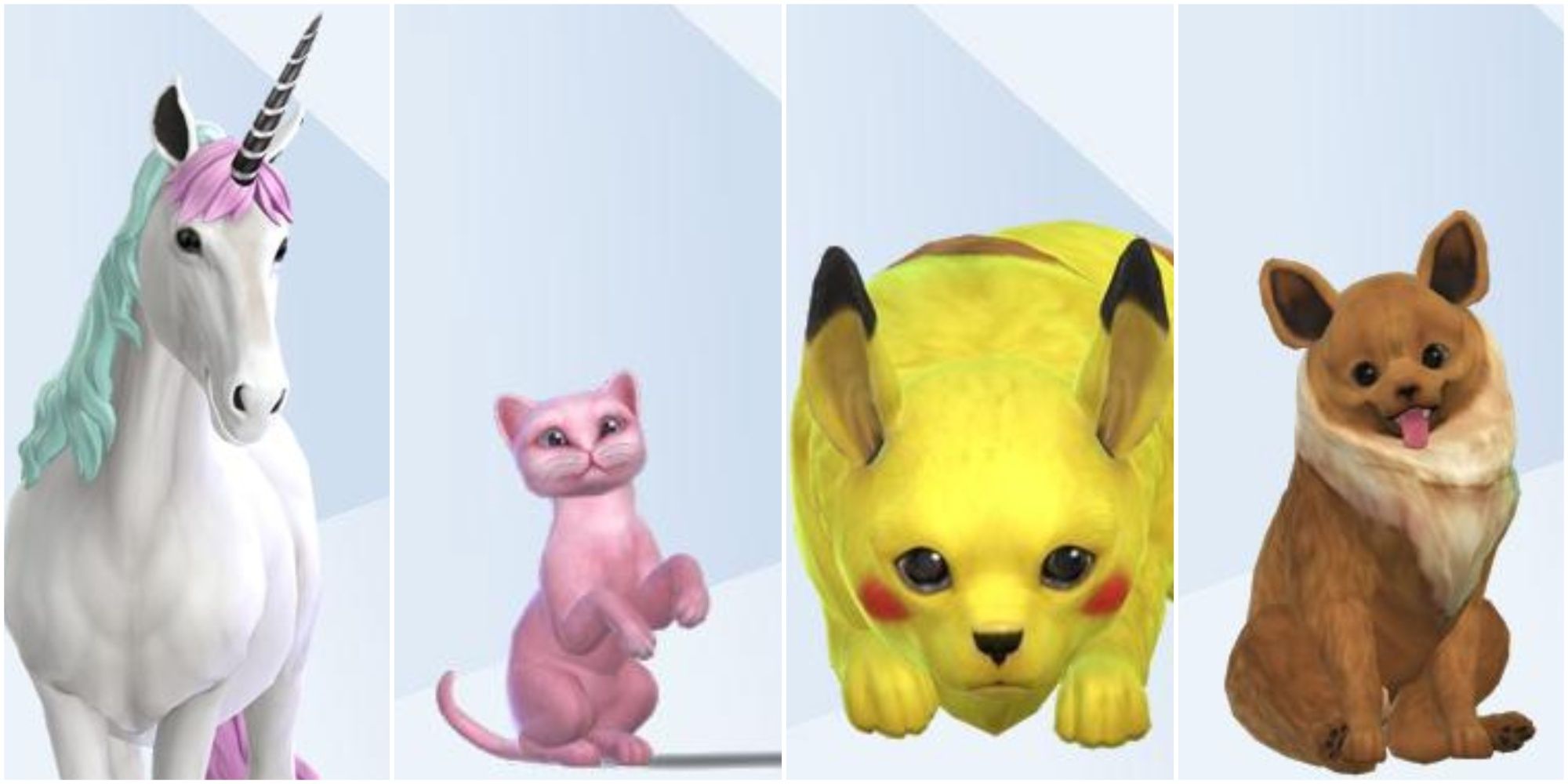 An image of four Pokémon- Galarian Rapidash, Mew, Pikachu, and Eevee- recreated in The Sims 4