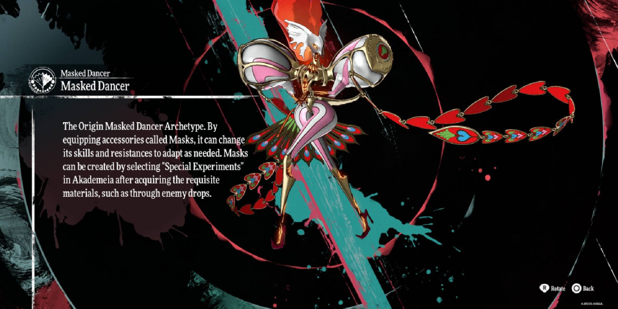 Metaphor: ReFantazio menu screen showing appearance and description of the Masked Dancer archetype.