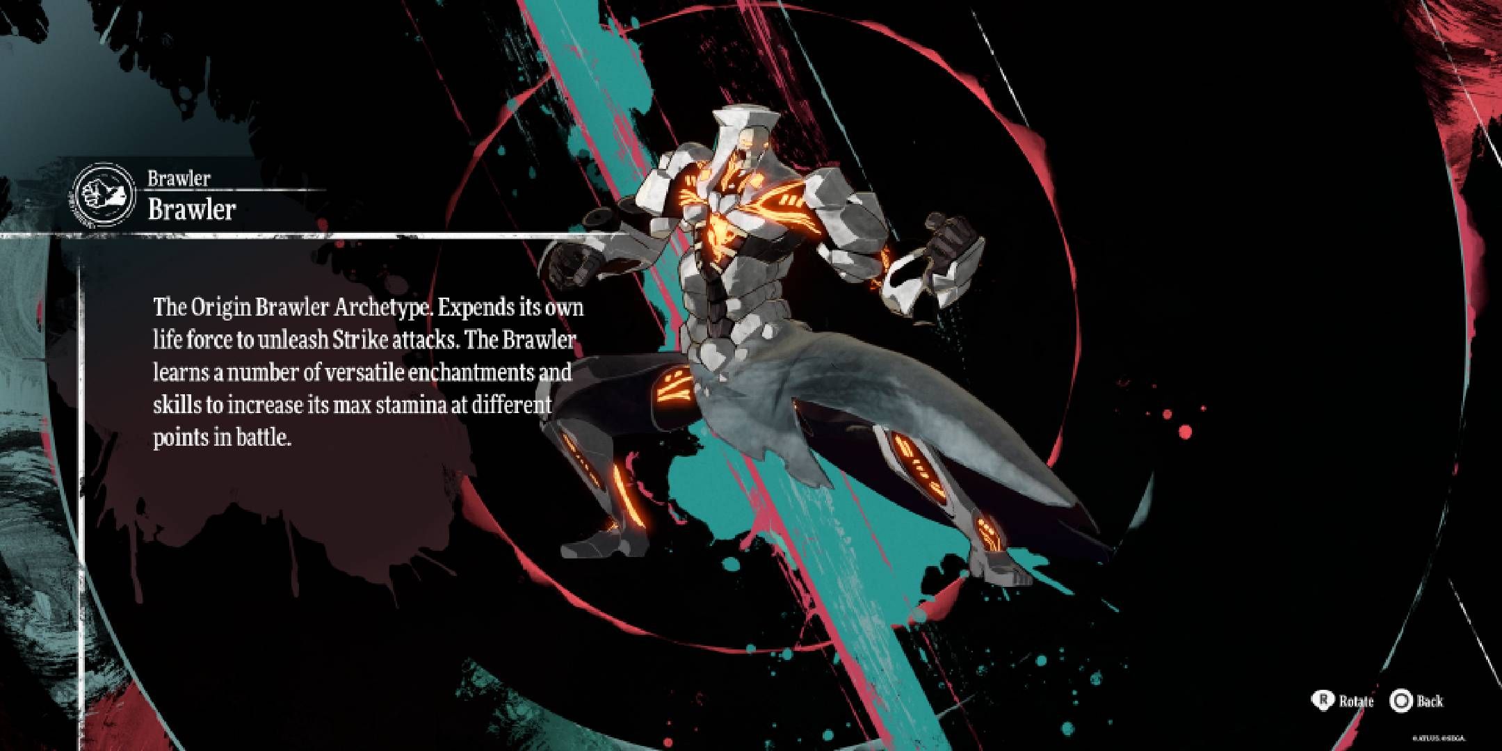 Metaphor: ReFantazio menu screen showing appearance and description of the Brawler archetype.