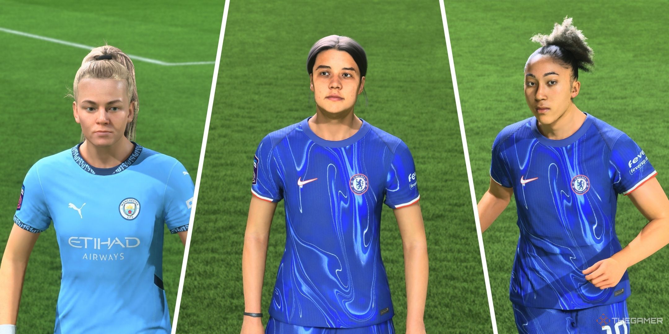 A split image of Lauren Hemp, Sam Kerr, and Lauren James in EA Sports FC 25.