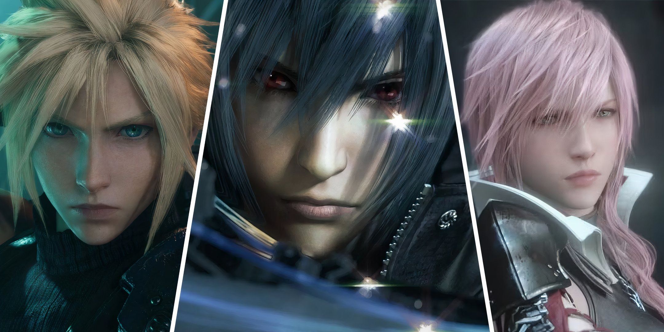 Split image of Cloud, Noctis and Lightning from the Final Fantasy series.