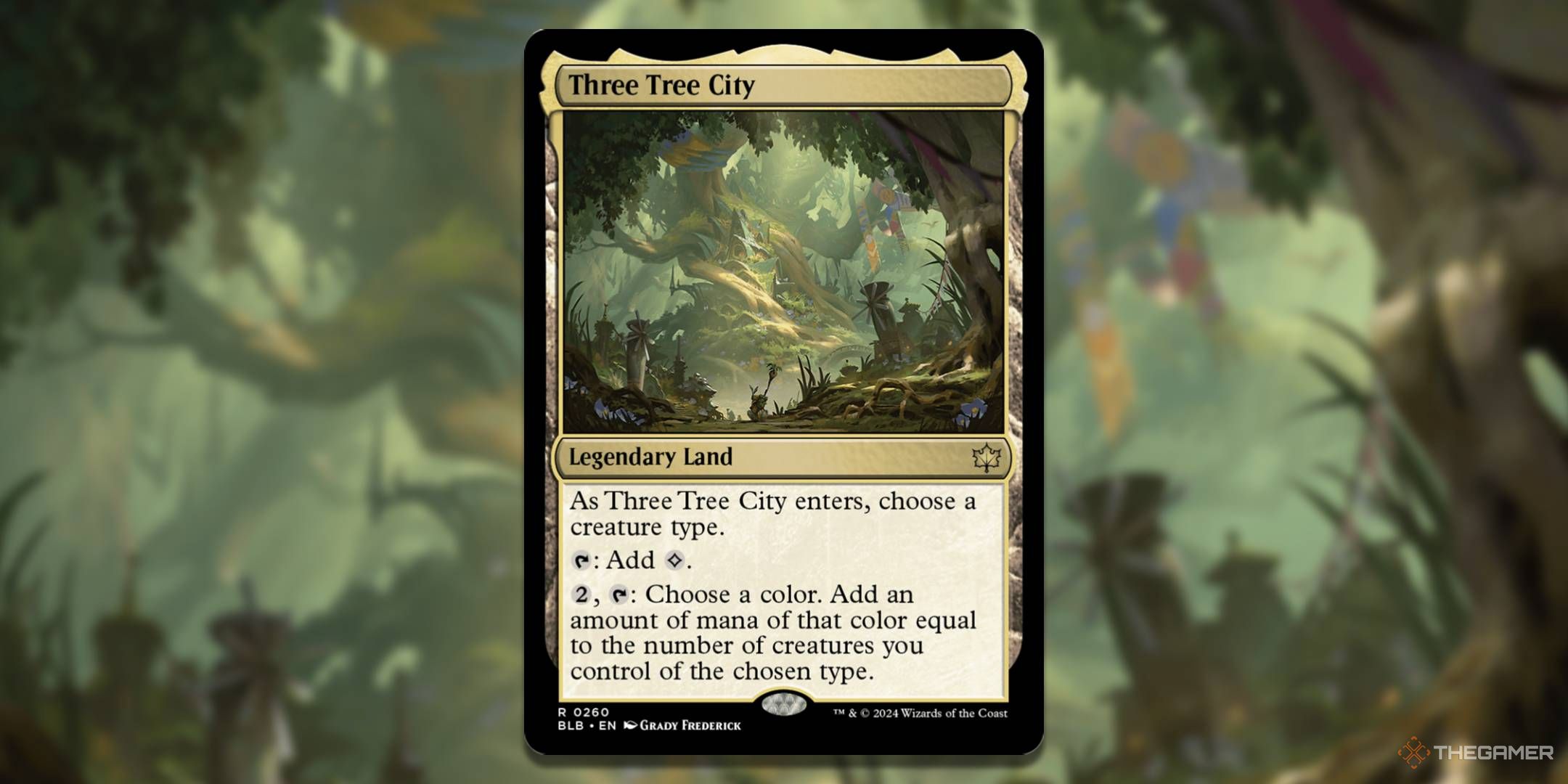 MTG Three Tree City card with the art in the background.