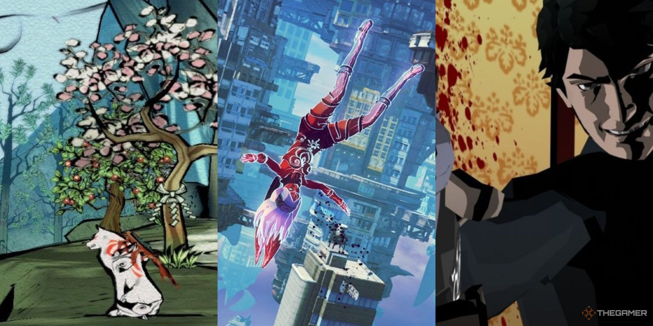 amaterasu sitting by a tree in okami, a character with red skin falling through the sky in gravity rush 2, and a character with a gun grinning with fire behind them in killer7, left to right.