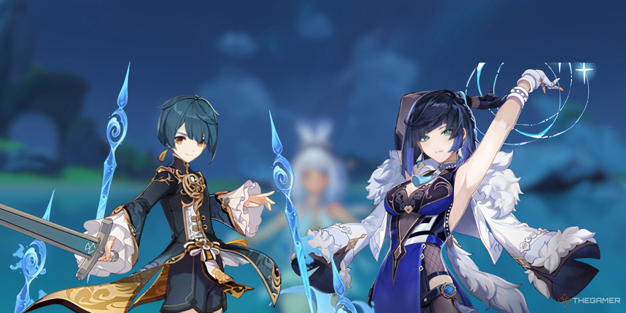 Xingqiu and Yelan standing alongside one another with a Genshin Impact screenshot as the backdrop.