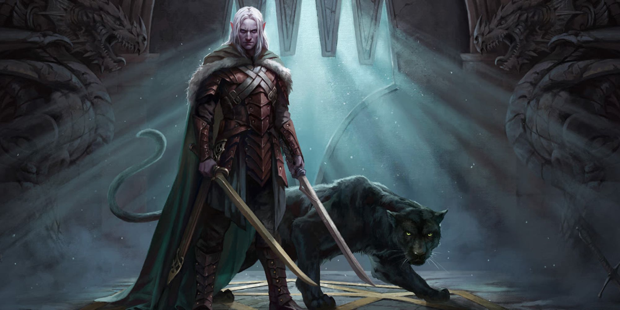 DUngeons & Dragons Drizzt holding swords with a black panther.