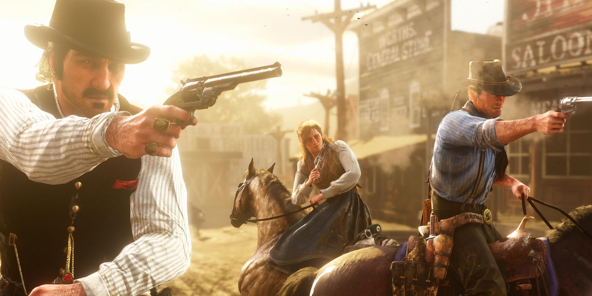 Arthur and his gang member gunfighting in Red Dead Redemption 2.