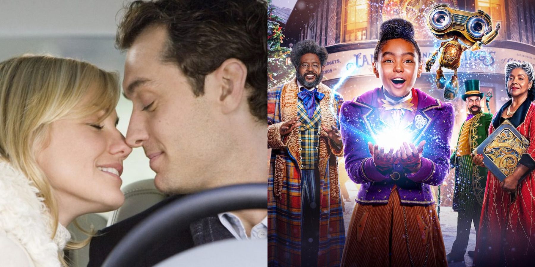 Netflix christmas movies feature split image The Holiday and Jingle Jangle