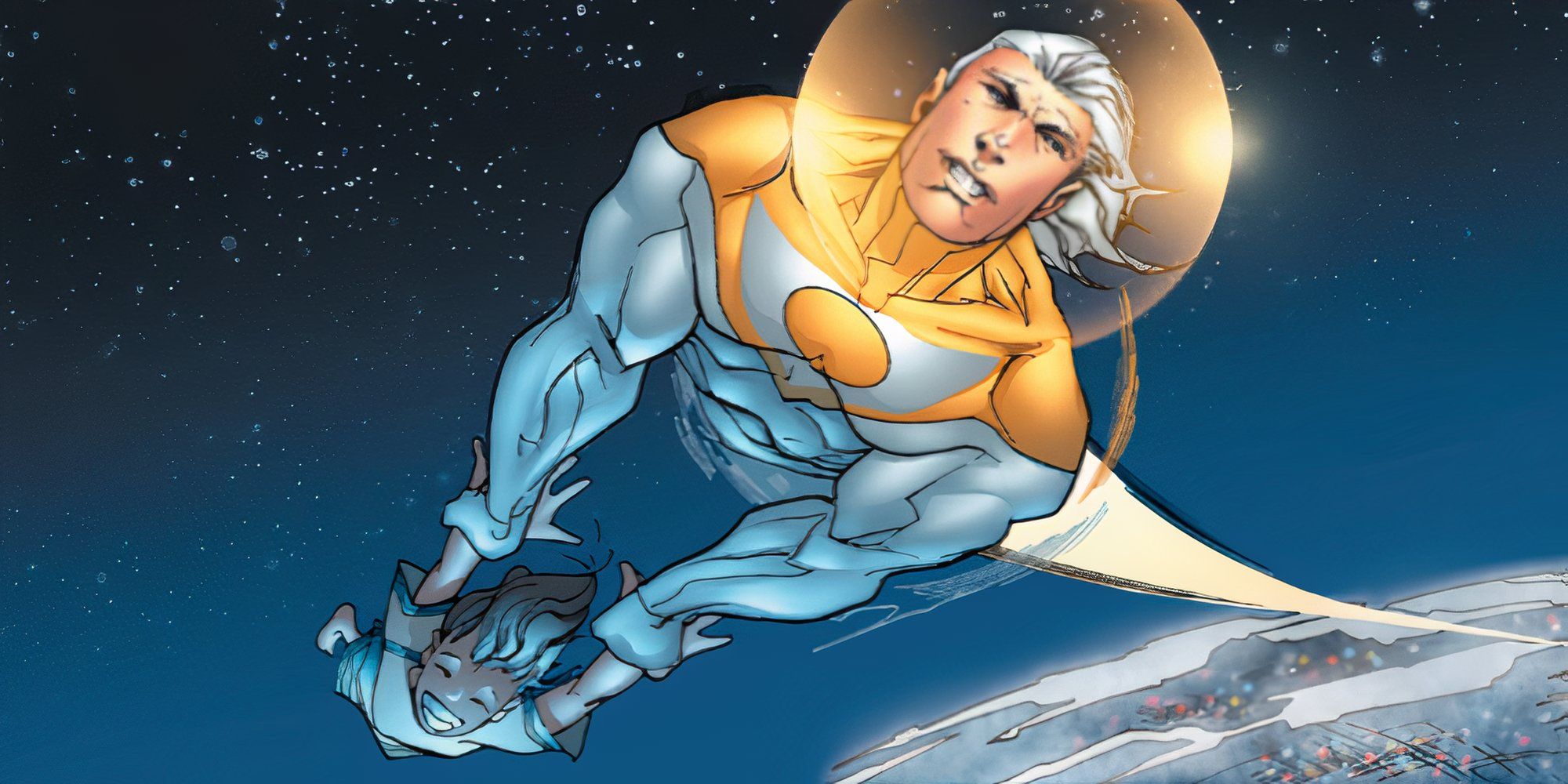 Apollo flying his daughter Jenny through the night sky in The Authority: Revolution #1