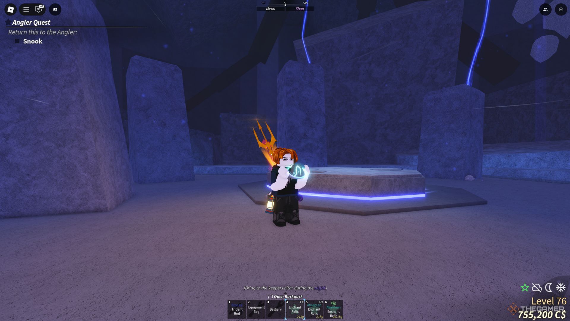 The player character holding Enchant Relic with his hands next to the Keepers Altar in Fisch.